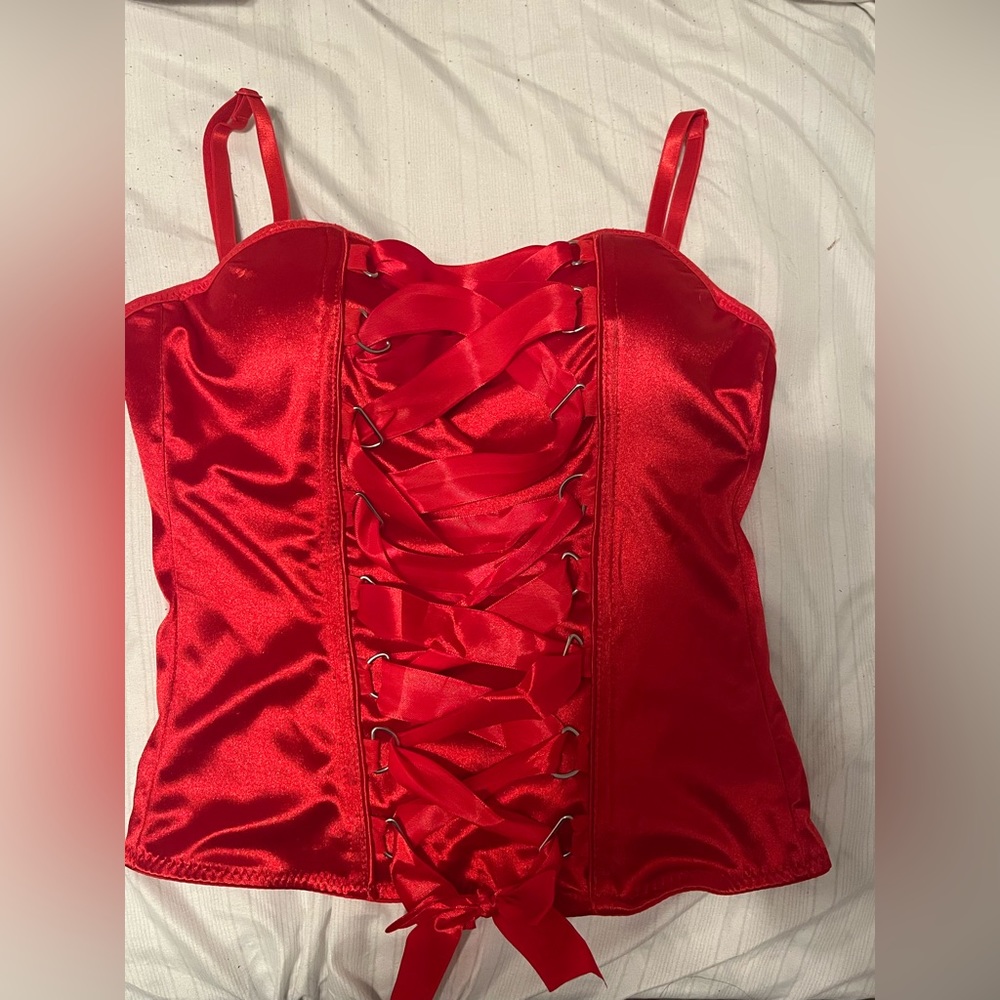 red satin corset top